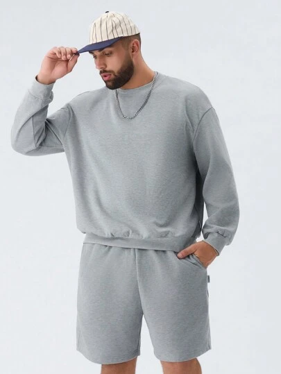 Manfinity VCAY 2pcs/Set Men's Plus Size Casual Knit Drop Shoulder Crew Neck Pullover And Drawstring Waist Straight Leg Shorts Set, Cozy Outfits