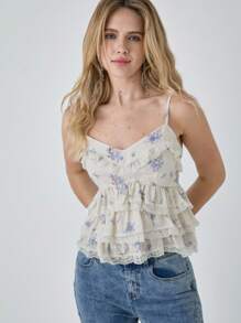 Enchnt Vestido de tirantes de encaje con estampado floral ditsy elegante para damas en verano