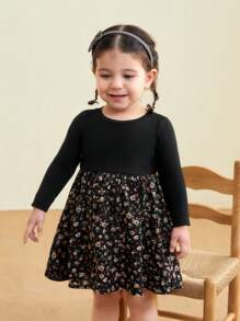 SHEIN LMoss Kids LMoss Baby Girl City Elegant Minimalist Ribbed Patchwork Ditsy Floral Dress, Fall/Winter - Black - View 1