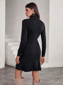 Aveloria Vintage Elegant High Collar Waist-Defined Ruffle Hem Fish Tail Knit Dress For Women Fall Cloth For Women