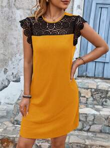 SHEIN LUNE Round Neck Color Block Lace Patchwork Sleeveless Summer Dress - Yellow - View 5