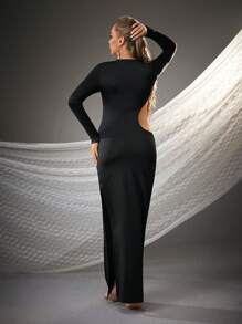 SHEIN Maternity Photoshoot Side Split Fitted Hollow-Out Dress - Black - View 3