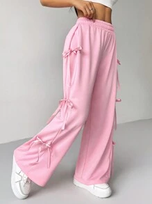 SHEIN PETITE Sweet And Lovely Pink Bow Detail Knot Tie Waist Sweatpants For Spring And Summer - Pink - View 6