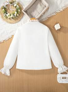 Teen Girls Elegant  Lace Trim Stand Collar & Cuffs Long Sleeve Shirt - White - View 2