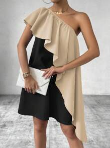 Chiquease Robe asymétrique à volants sur les épaules ample et droite, contraste, pour femmes, vacances