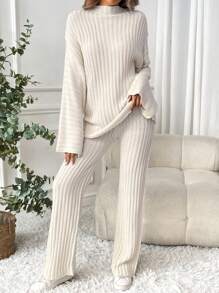 SHEIN LUNE 2 piezas Conjunto de suéter informal con cuello alto a rayas para mujer