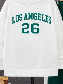 SHEIN 2 件套青少年男童休闲英式印花连帽白色运动衫和绿色拼布慢跑裤套装，适合秋季、冬季、保暖、学院风、家居服、日常、运动、生日派对、外出、百搭、简约、抓绒、加厚 - 彩色 - 查看 3