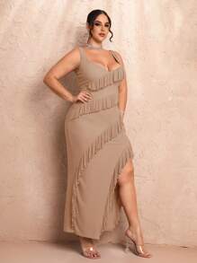 SHEIN BAE Plus Size Women's Sling Ruffled Slit Elegant Fashion Long Dress