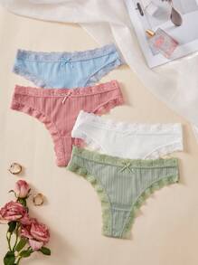 4 Pcs/Set Sexy Lace Patchwork Solid Color Bow Decor Thong - Multicolor - View 5