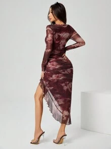 SHEIN PETITE Îmbrăcăminte de petrecere pentru femei Îmbrăcăminte de petrecere Rochie de frunze de lotus cu tiv asimetric - Negru - Vizualizare 2