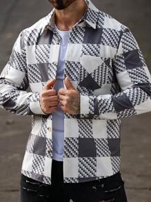 Manfinity Homme Men's Button Plaid Design Long Sleeve Daily Casual Business Elegant Charm Woolen Cloth - Light Grey - View 3