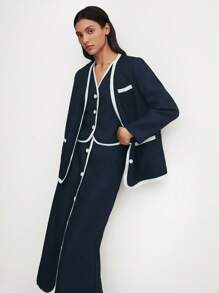 BizChic Navy Blue Collarless Loose Trim Work Jacket - Navy Blue - View 7