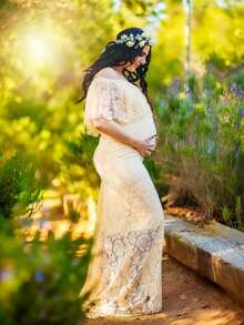 Maternity Off Shoulder Ruffle Collar Dress Lace Mermaid Gown For Photo Shoot Baby Shower, For Photoshoot - Apricot - View 6