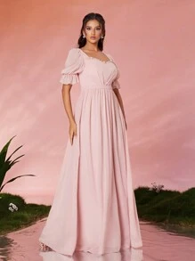 Mgiacy Sweetheart Neck Elegant Pearl Chiffon Flounced Sleeve Maxi Evening Dress, Luxury High-End,Bridesmaid Dress - 粉色 - 查看 6