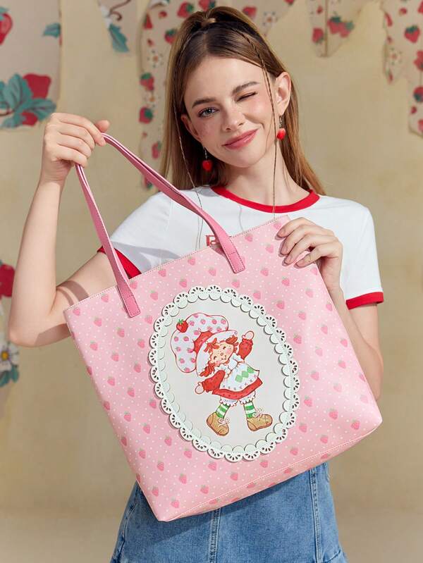 Strawberry Shortcake X SHEIN Women's Cute Cartoon Character & Strawberry & Lace Print Tote Bag, Tote Bags For Ladies