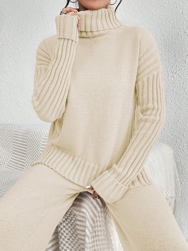 Chiquease Women's Solid Color Turtleneck Dropped Shoulder Long Sleeve Sweater And Knit Pants Set, Autumn Winter