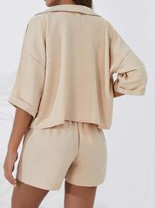 RueChic Women Embroidery Pocket Shirt & Shor Set - Beige - View 4
