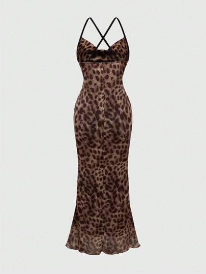 Grunge Punk Women's Sexy Leopard Print Draped Neck Backless Mermaid Dress, Summer, New Year