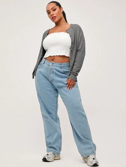 SHEIN BASICS 秋冬纯色休闲长袖大码开衫