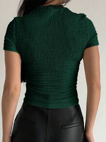 Aloruh Green Textured Short-Sleeved Shirt Elegant, Chic, Modest Re-Wearable Comfortable  Spring Break Outfits Going Out Outfits Vacation - Dark Green - View 3