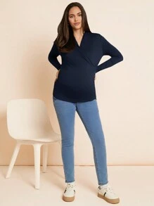 MaterniWear Maternity Plain Long Sleeve Simple Crossover Nursing Top - Navy Blue - View 7