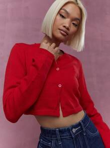 MISSGUIDED 纽扣圆领长袖短款开衫 冬季圣诞节 - 紅色 - 查看 3