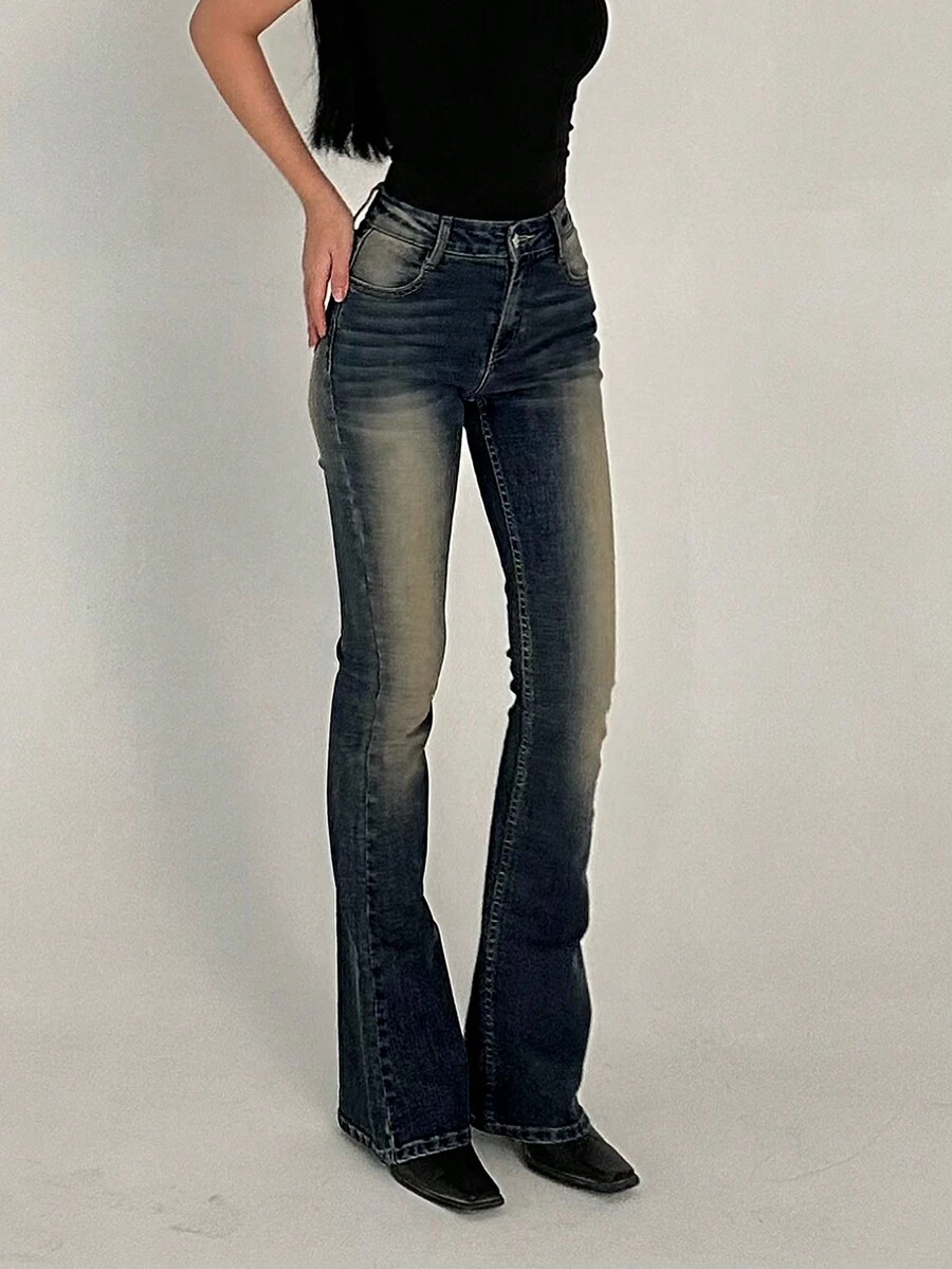 女士复古做旧弹力修身喇叭牛仔裤，休闲春季款 - 藏蓝色 - 查看 1