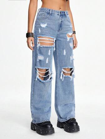 Grunge Punk Strassenstil gewaschene zerrissene weite Bein lose sitzende Damen Jeans