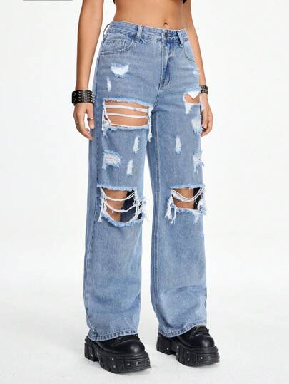 Grunge Punk Street Style Washed Ripped Wide Leg Loose Fit Women Jeans