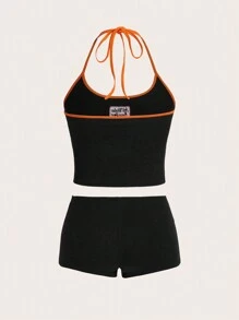 SHEIN ICON Bộ Trang Phục Mùa Hè Y2k Nữ Thể Thao Khối Màu Bikercore Thêu Chữ Áo Không Tay Và Quần Short Cạp Thấp - màu đen - Xem 10