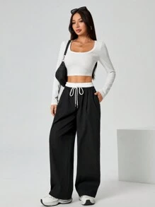 SHEIN PETITE Quần dệt có dây thắt lưng tương phản - màu đen - Xem 5