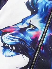 Boys' 3D Lion Rendering Printed Zippered Hooded Jacket Street Fashion Jacket - Blue and White - View 5