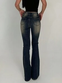 女士复古做旧弹力修身喇叭牛仔裤，休闲春季款 - 藏蓝色 - 查看 2