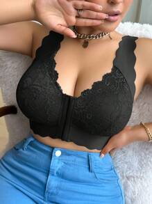 Plus Size Contrast Lace Bralette With Shell Edge And Front Closure (Wire-Free, 1pc) Lingerie - Black - View 5