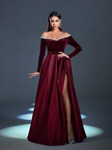 Faeriesty 露肩撞色天鹅绒缎面正式舞会礼服