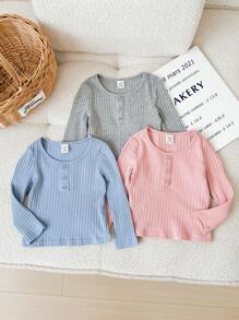 SHEIN 3pcs Baby Girl Casual Cute Versatile Solid Color Knit Elastic Long Sleeve Top Set