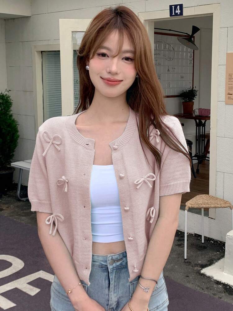 Solid Color Short Sleeve Round Neck Bow Women Cardigan,Fall Clothes,Back To School Clothes