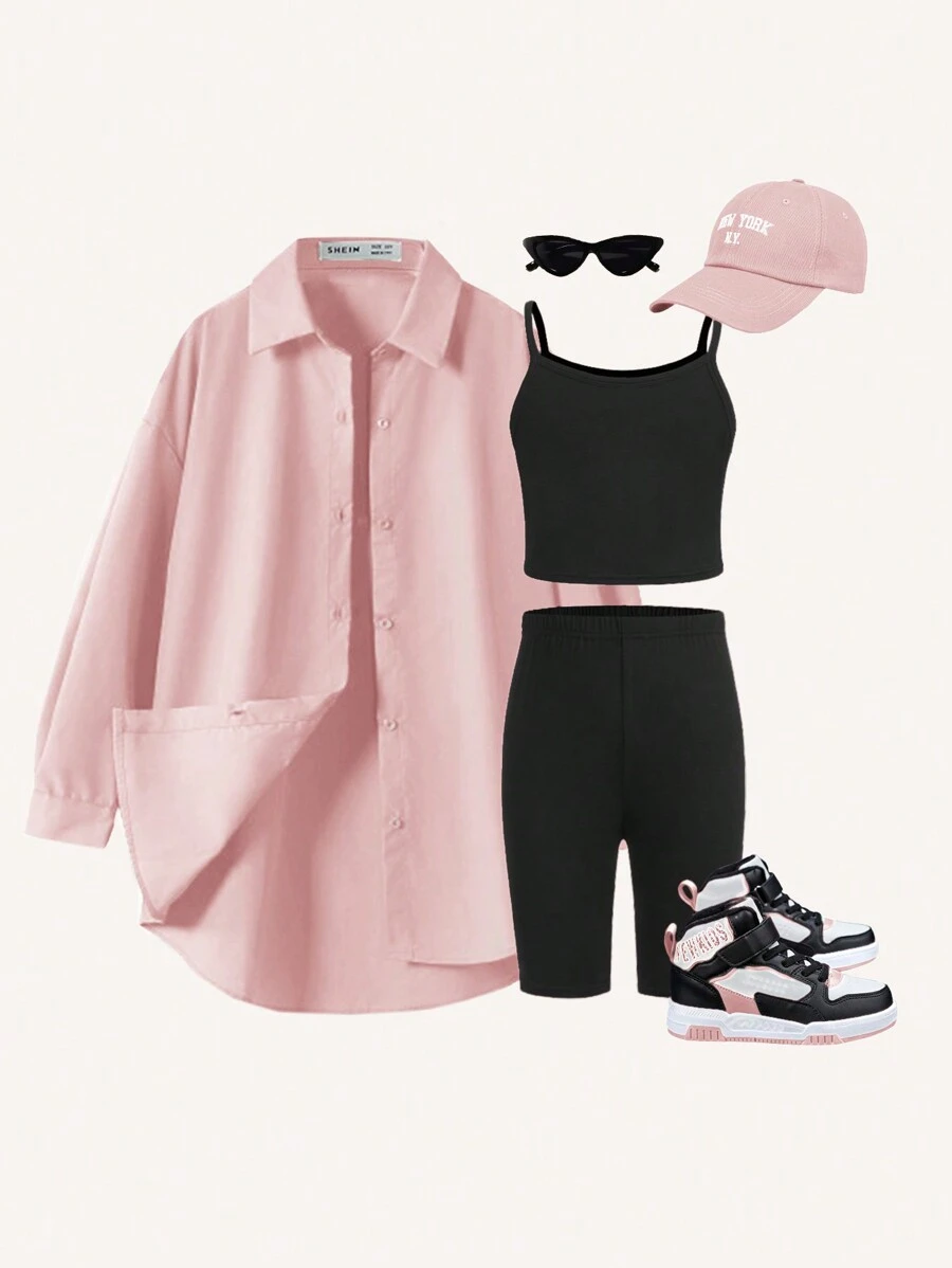 SHEIN 青少年女孩编织纯色宽松衬衫 + 针织吊带背心 + 一体式短裤休闲装 - 淺粉色 - 查看 1