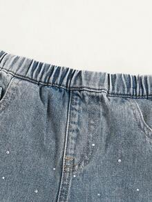 年轻女孩水钻装饰直筒牛仔裤，时尚休闲裤，秋季 - 藍色 - 查看 6