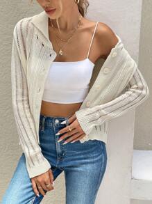 SHEIN LUNE Women's Spring And Autumn Solid Color Slim Thin Hollow Sweater Lapel Cardigan