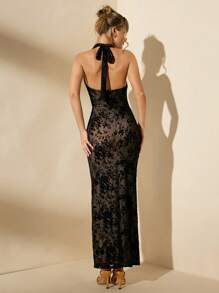 SHEIN BAE Women's Summer Sexy Flower Flocking Mesh Backless Halter Neck Long Dress - Black - View 2