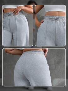 EURMUSE Plus Drawstring Waist Wide Leg Pants - Grey - View 6