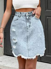 Cottnline FRAYED HEM ASYMMETRIC MINI SKIRT - Light Wash - View 7