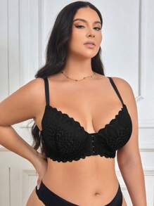 1pc Plus Size Front-Closure Lace Underwire Bra, Lingerie - Black - View 4