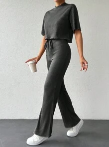 EURMUSE Ribbed High Elastane Casual Leisure Crop Top And Pants 2pcs Set - Dark Grey - View 4