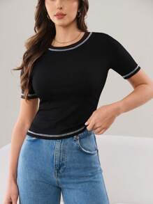 Mulvari 2pcs Contrast Stitch Rib-Knit Slim Fit Tee For Summer