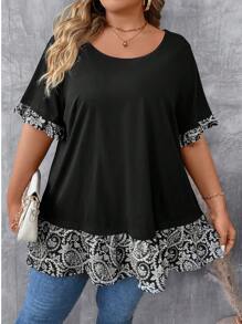 SHEIN CURVE+ Camiseta casual de manga corta con cuello redondo, talla grande para mujer con estampado floral de verano y remiendos