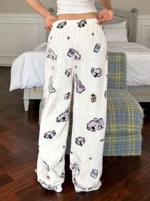 DAZY Cute Koala Print Soft Flannel Fluffy Sleep Pants, Thermal Lined Fall, Winter, Cozy - White - View 2