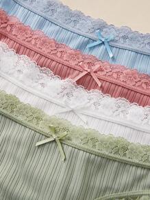 4 Pcs/Set Sexy Lace Patchwork Solid Color Bow Decor Thong - Multicolor - View 4