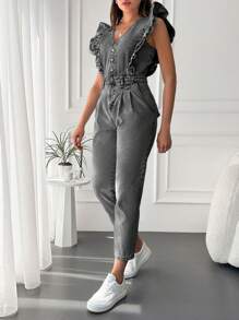 EURMUSE Ruffle Trim Button Front Denim Jumpsuit - Dark Grey - View 5